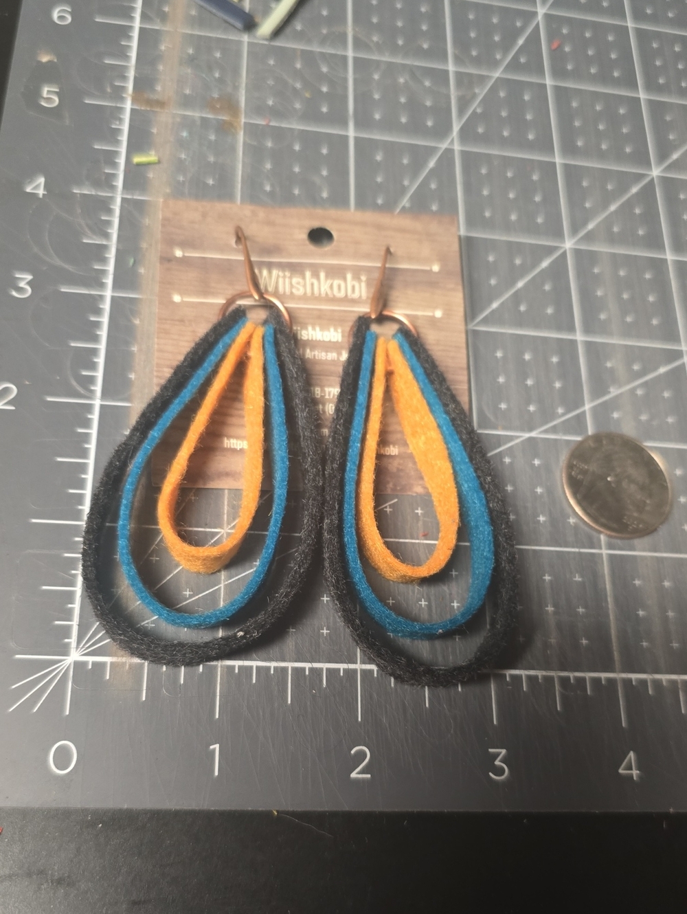Felted, Layered Teardrop Earrings in Black, Blue & Yellow